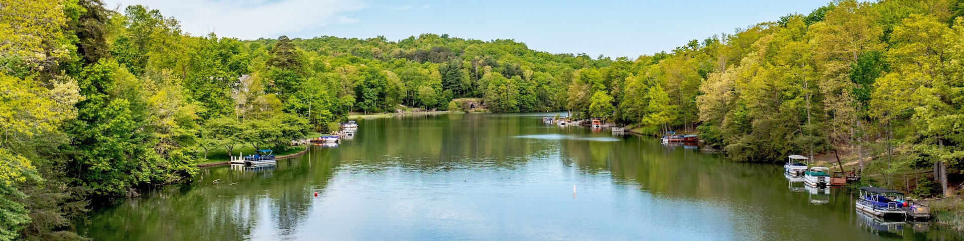 Un río tranquilo rodeado de frondosos árboles verdes y barcos amarrados a la orilla.