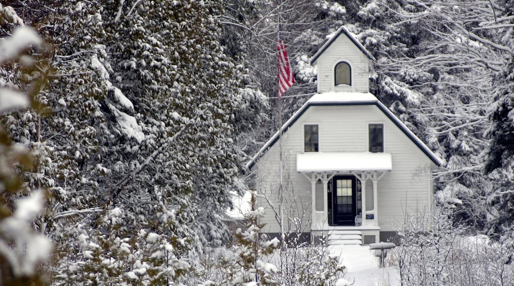 Door Peninsula which includes a small town or village, snow and heritage architecture