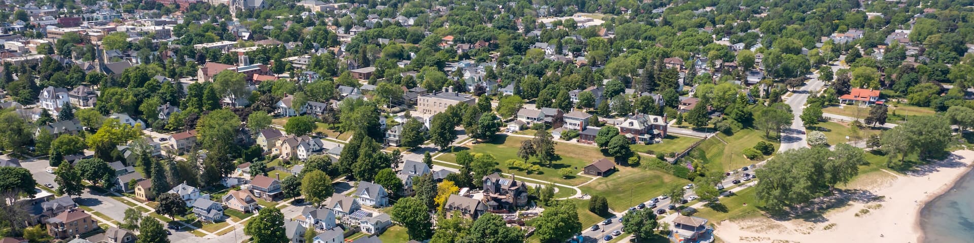 Aerial view of Deland Park (North Beach) and residential area in Sheboygan WI