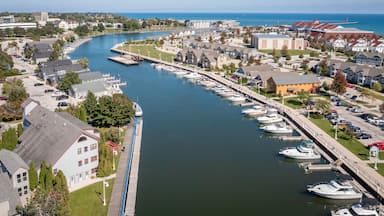 Sheboygan, WI USA - September 30, 2022: Aerial view of the Sheboygan marina and surrounding area