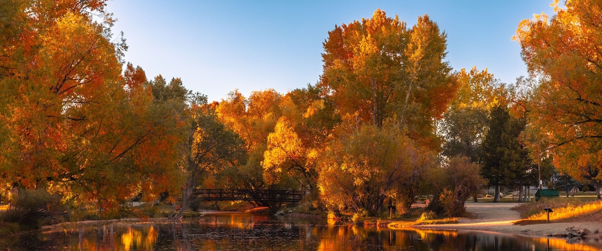 A calm lake reflecting autumn trees with vibrant orange and yellow leaves.