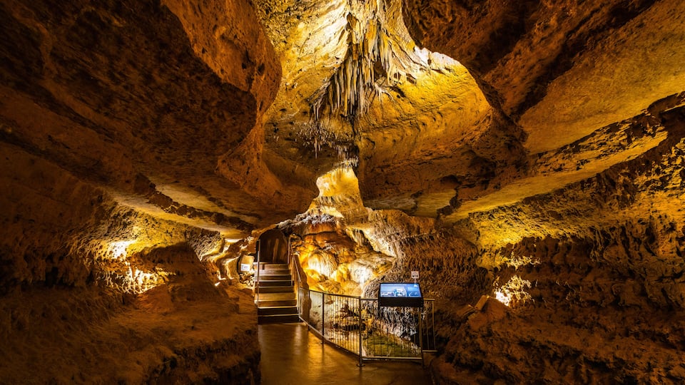 A cave with stalactites, a staircase, and a viewing area.