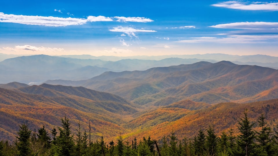 A mountain range with autumn foliage and a clear sky.