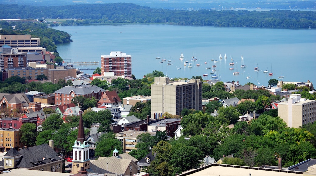 Looking west over downtown Madison, Wisconsin. Includes the UW-Madison campus, Union Terrace and Lake Mendota. Taken from the top of the Capitol building.; Shutterstock ID 25448020