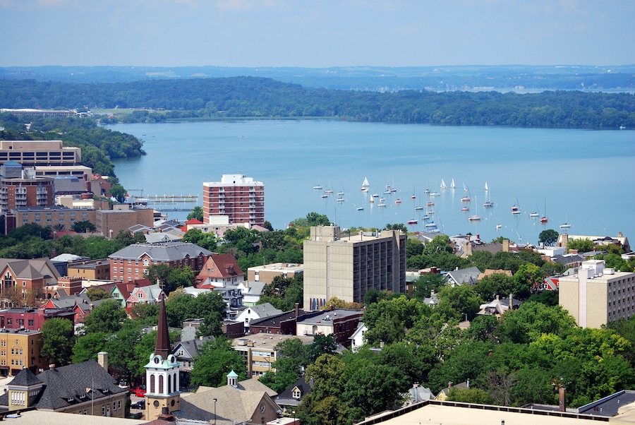 Looking west over downtown Madison, Wisconsin. Includes the UW-Madison campus, Union Terrace and Lake Mendota. Taken from the top of the Capitol building.; Shutterstock ID 25448020