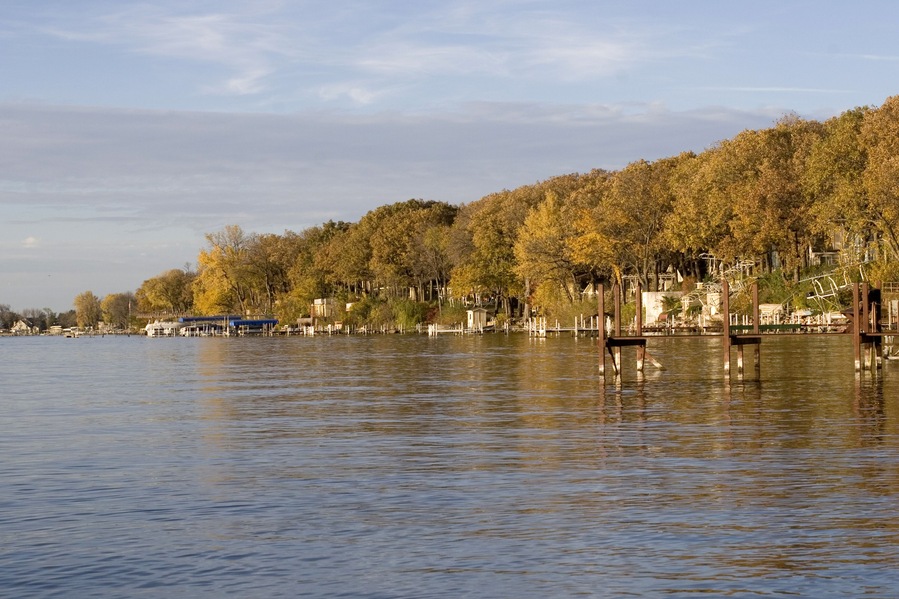 View of the shoreline of Lake Okoboji in NW Iowa in the fall.
