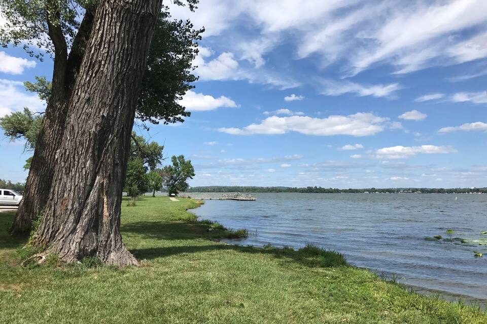 Un'area erbosa sulle sponde di un lago, con un grande albero, un molo e una costa in lontananza.