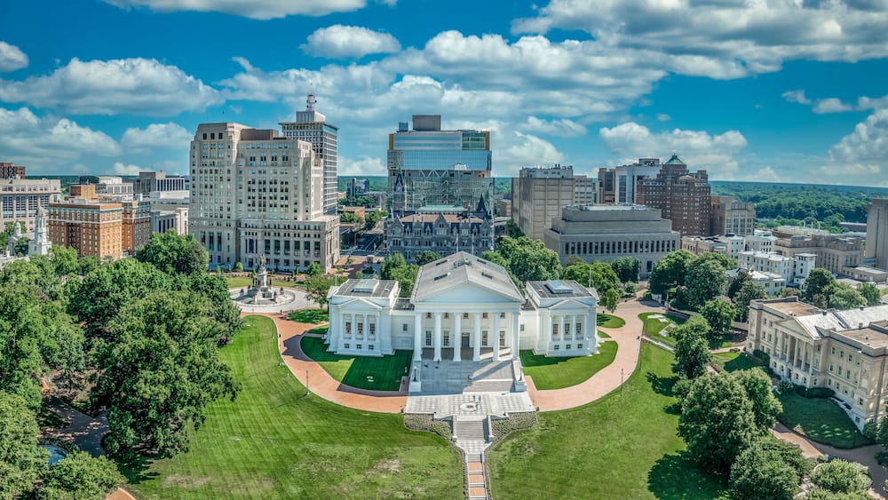 Aerial view of capitol square in Richmond with Virginia state capital, executive mansion, department of agriculture, old city hall, skyline
