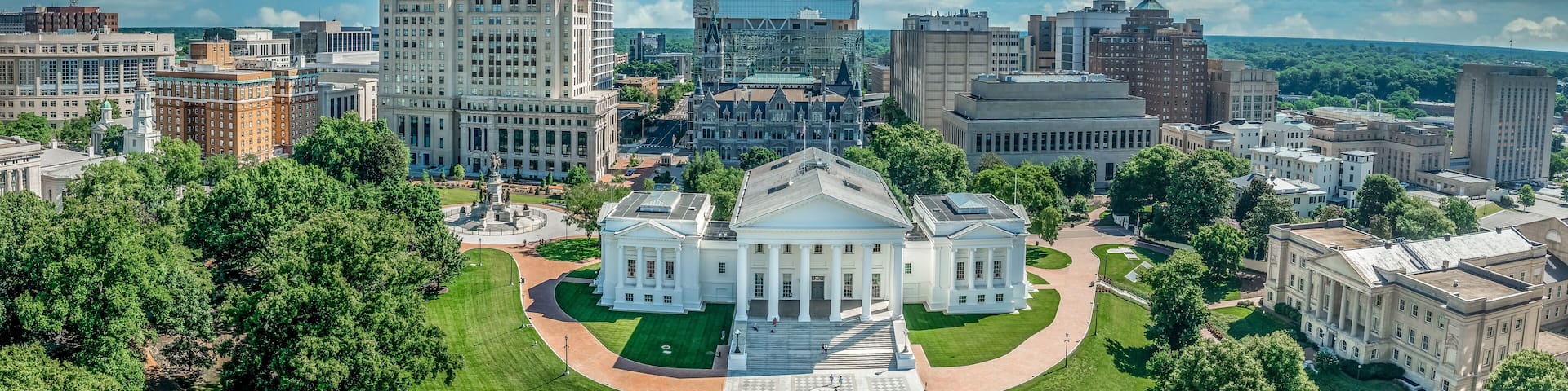 Aerial view of capitol square in Richmond with Virginia state capital, executive mansion, department of agriculture, old city hall, skyline