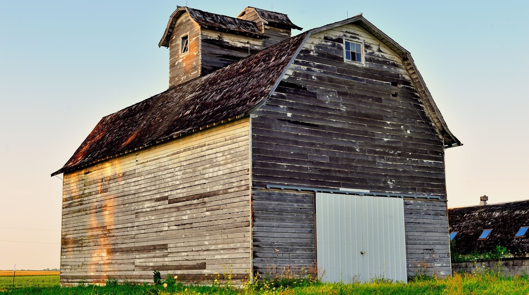 A venerable, veteran barn provides storage in a field near Hinckley, Illinois. A notable contrast on the barn is the newly fashioned corrugated metal door.