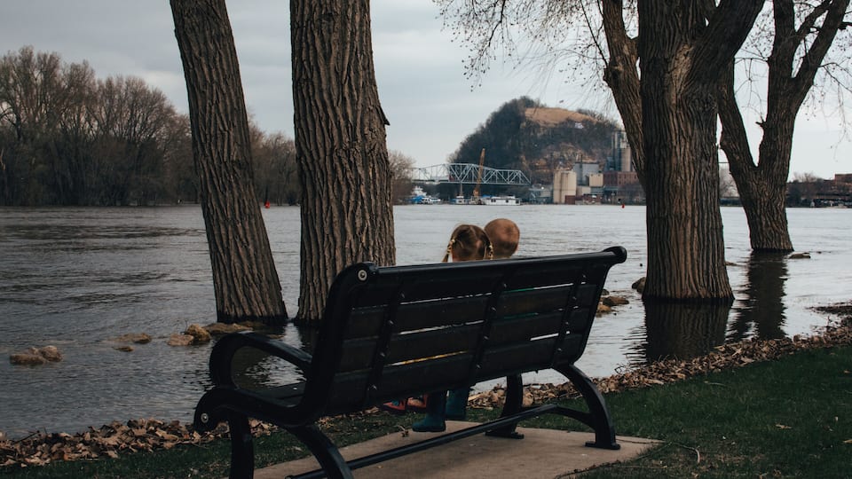 A bench by a river with trees and a bridge in the background.