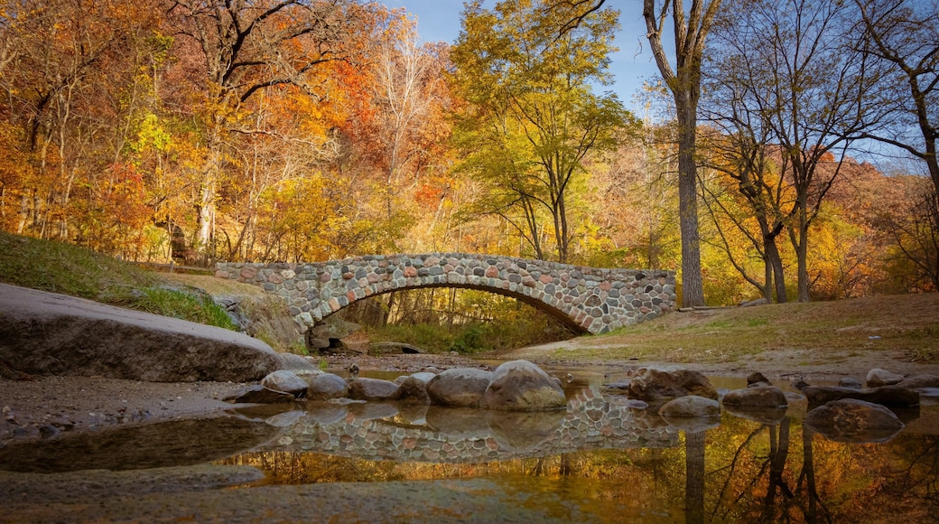 Pedestrian rock bridge over Peas Creek in Ledges State Park, Iowa, during fall