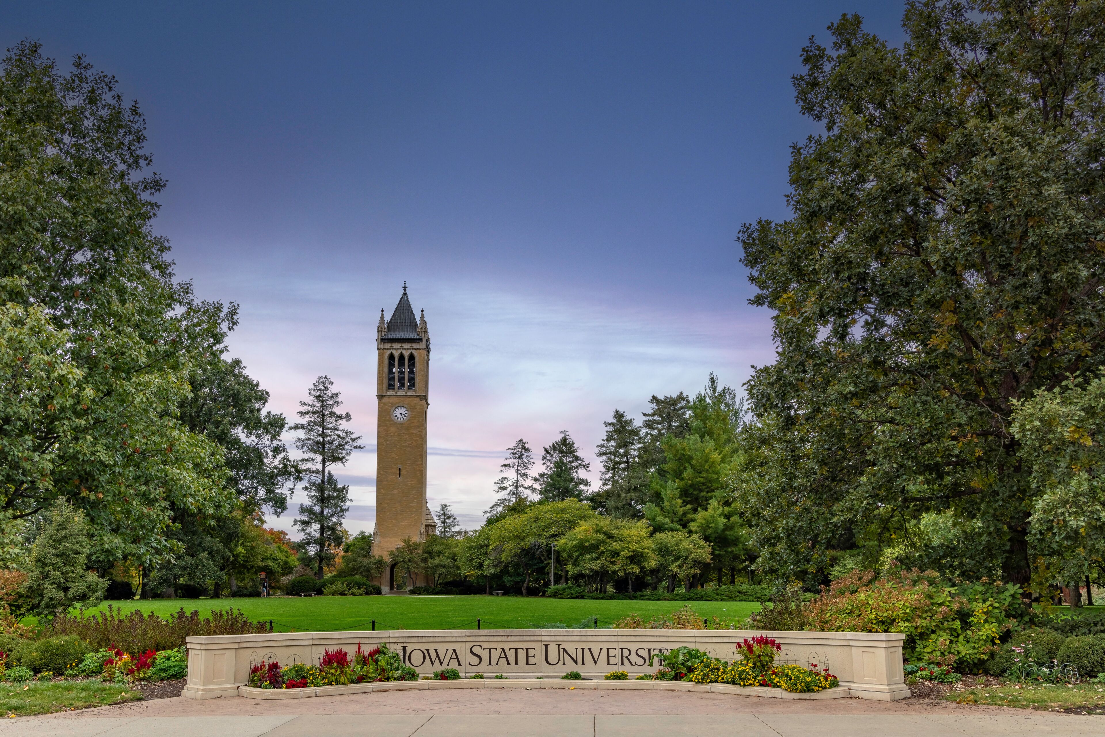 Iowa State University Campus with fall colors at sunset