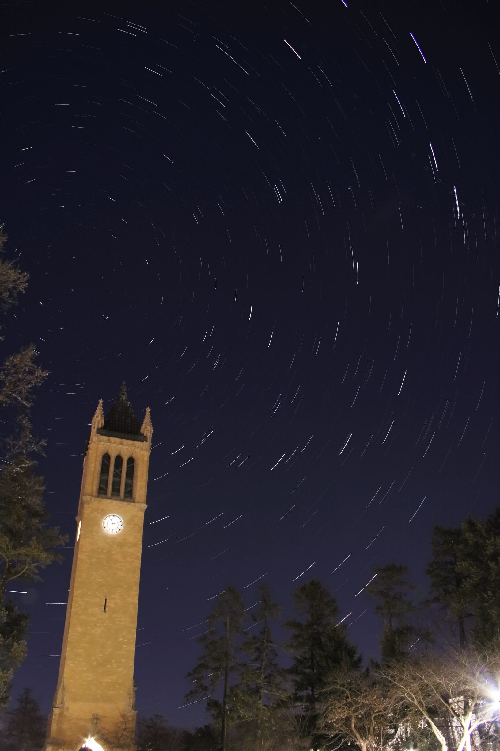 Star trails encircling Iowa State University's famed Camanile.