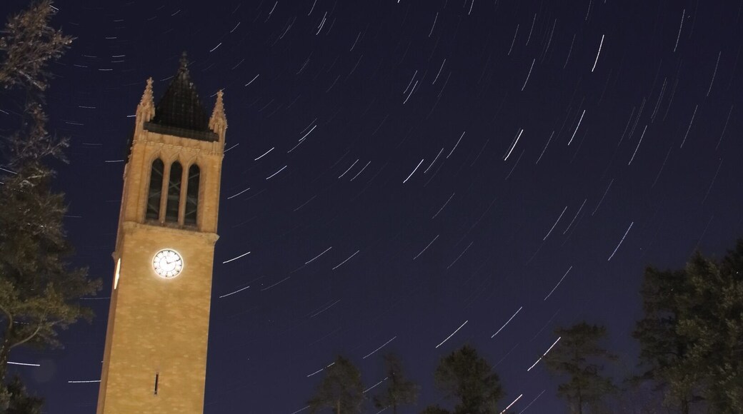Star trails encircling Iowa State University's famed Camanile.