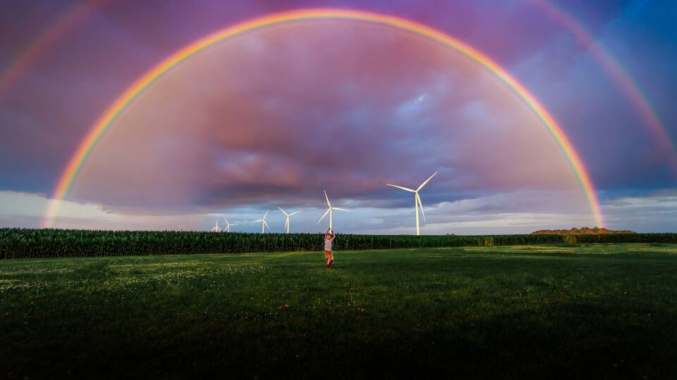 A rainbow over a field with wind turbines.
