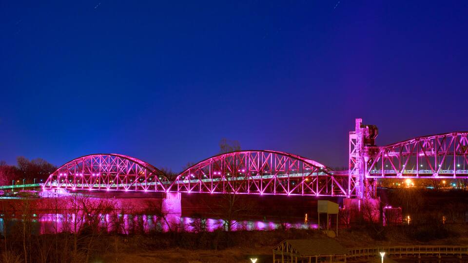A bridge with pink lighting, a body of water, and a construction crane.