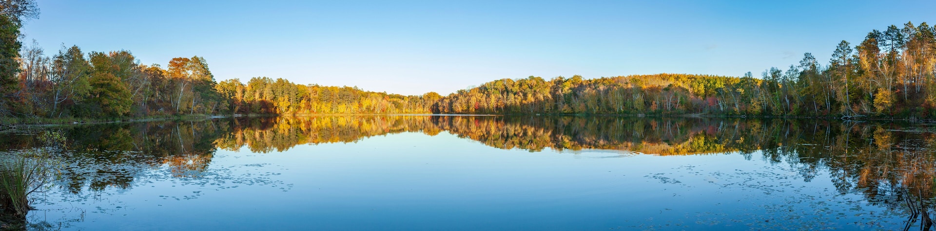 A calm lake surrounded by autumn-colored trees.