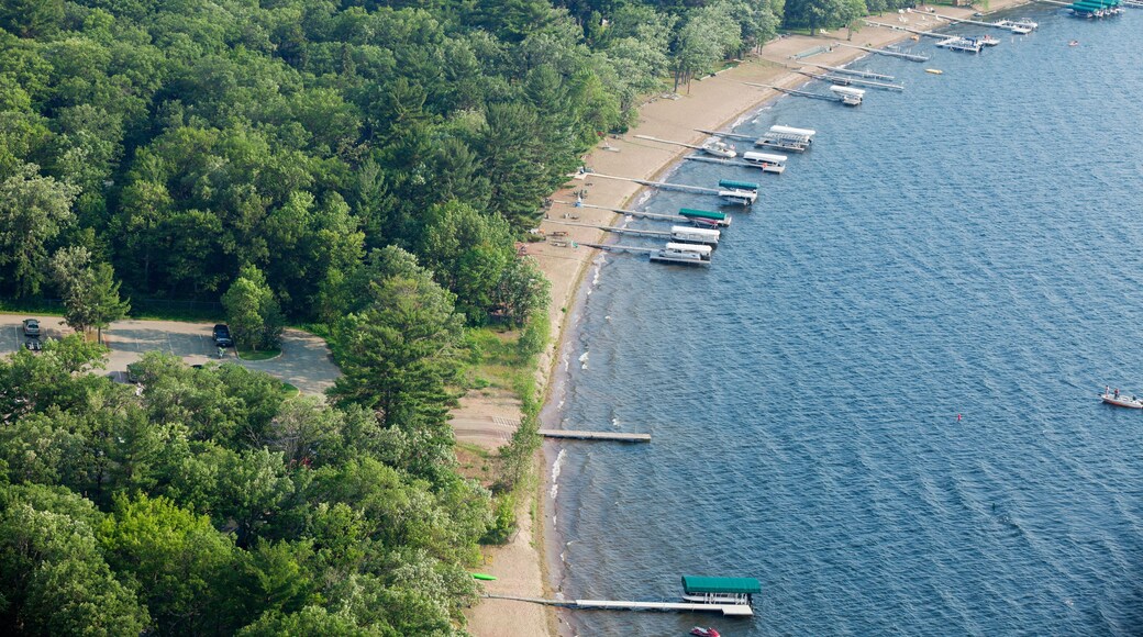 Aerial view of lakeshore with docks and boats in Minnesota