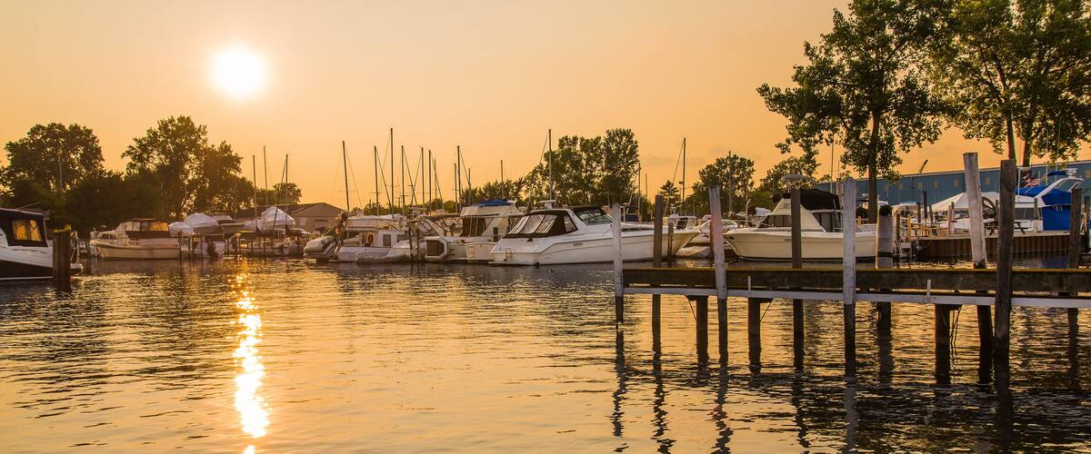 A marina at sunset with boats docked and trees in the background.