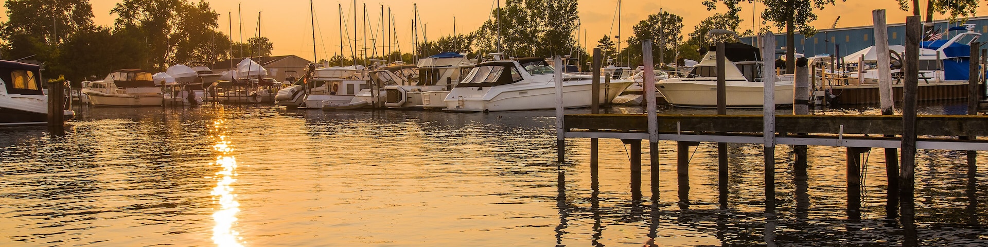 A marina at sunset with boats docked and trees in the background.