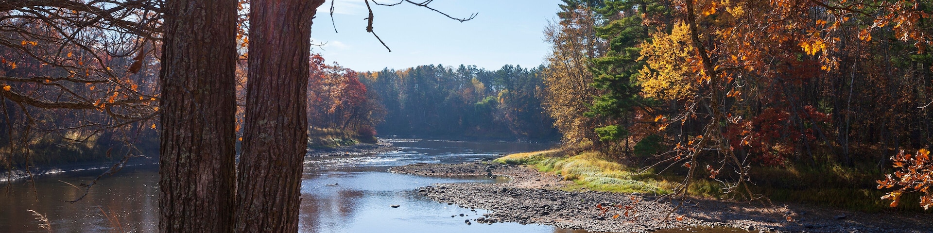Bend in the Mississippi River near Brainerd Minnesota on a bright autumn day