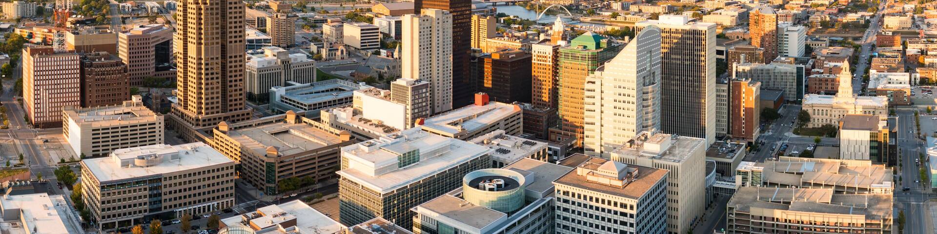 Aerial view of Des Moines, Iowa skyline. Des Moines is the capital and most populous city in the U.S. state of Iowa and it is the county seat of Polk County