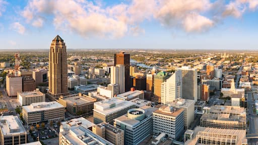 Aerial view of Des Moines, Iowa skyline. Des Moines is the capital and most populous city in the U.S. state of Iowa and it is the county seat of Polk County