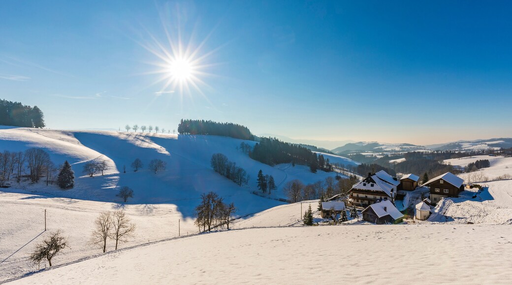 Germany, Baden-Wurttemberg, Sankt Margen, Sun shining over houses of town in middle of Black Forest in winter