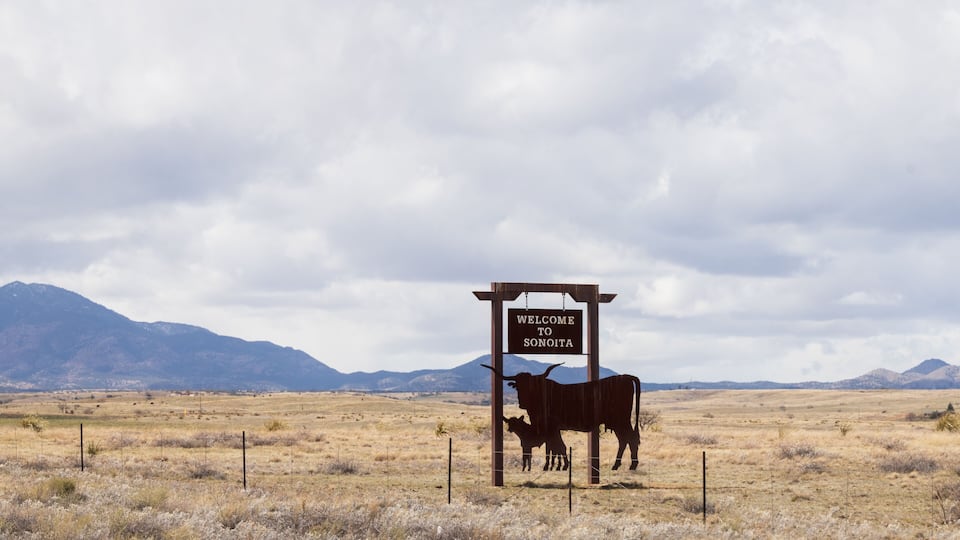 A welcome sign in a rural landscape with mountains in the background.