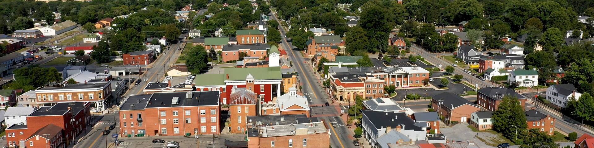 Aerial view of county courthouse over main street USA, Charles Town, West Virginia on a beautiful sunny day.