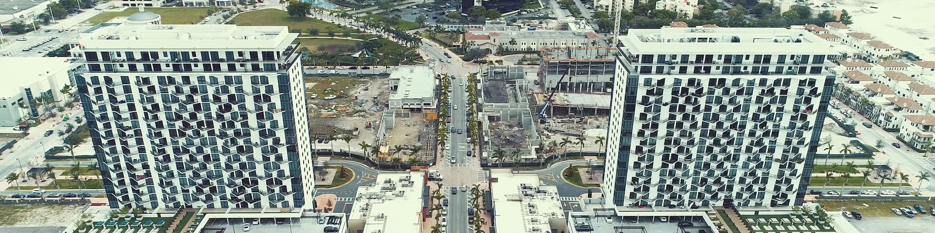 DRONE CAPTURE OF PASEO HIGH RISE DEVELOPMENT IN DORAL, MIAMI, FLORIDA. CIRCA 2017