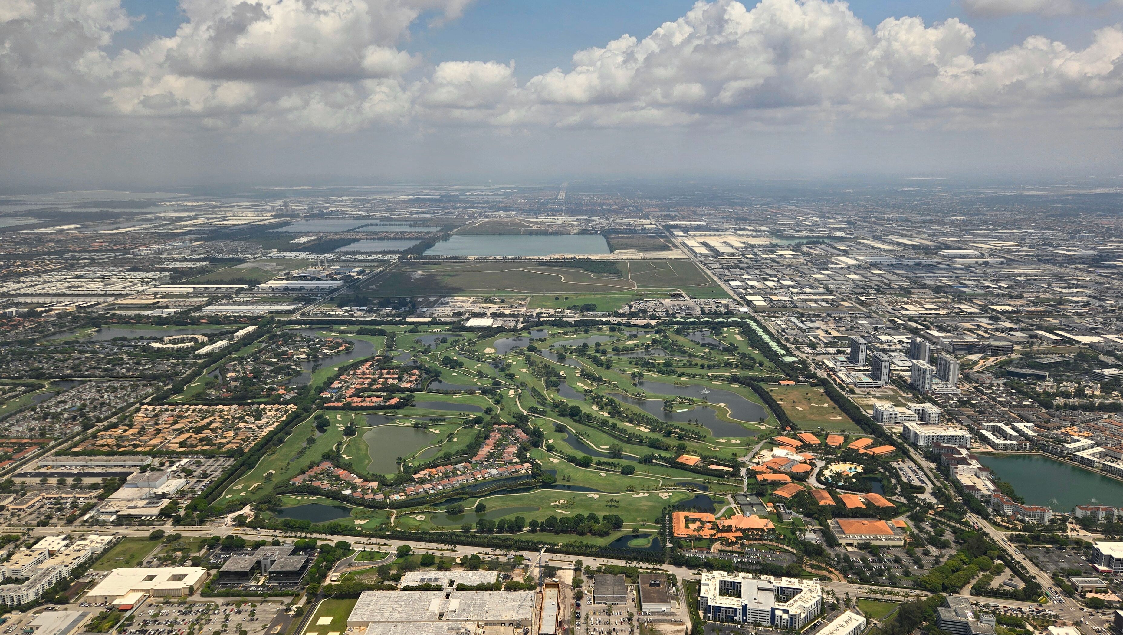 Aerial view of Trump National Doral golf resort and grounds and city of Doral, Florida.