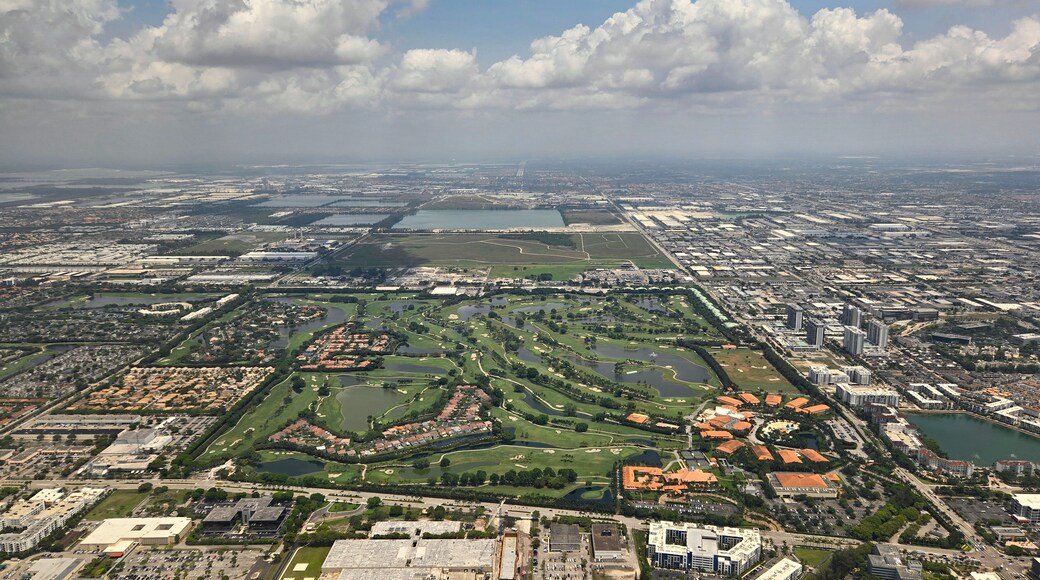 Aerial view of Trump National Doral golf resort and grounds and city of Doral, Florida.