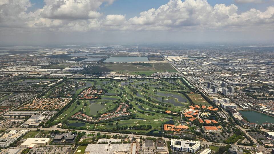 Aerial view of Trump National Doral golf resort and grounds and city of Doral, Florida.