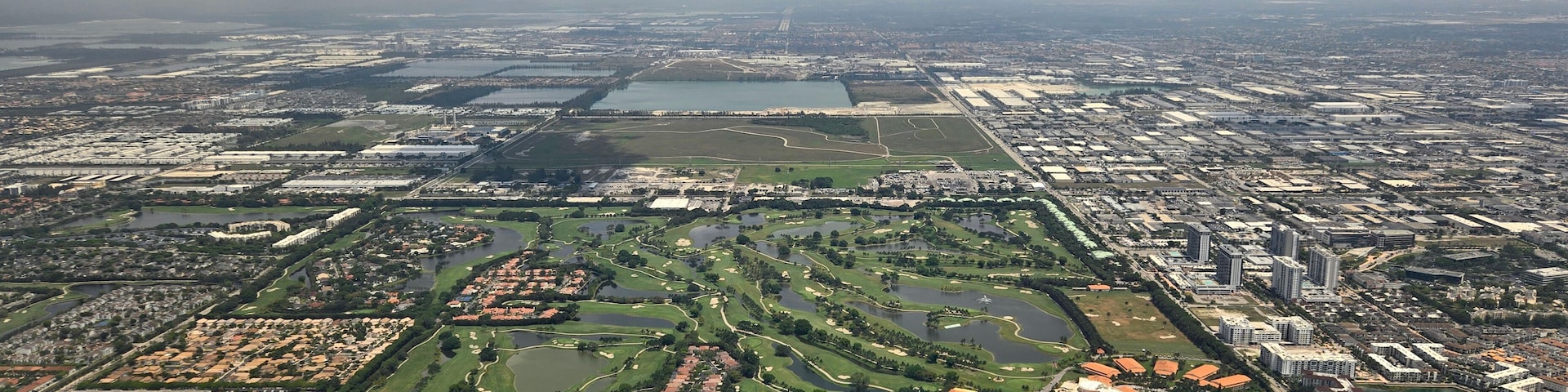 Aerial view of Trump National Doral golf resort and grounds and city of Doral, Florida.