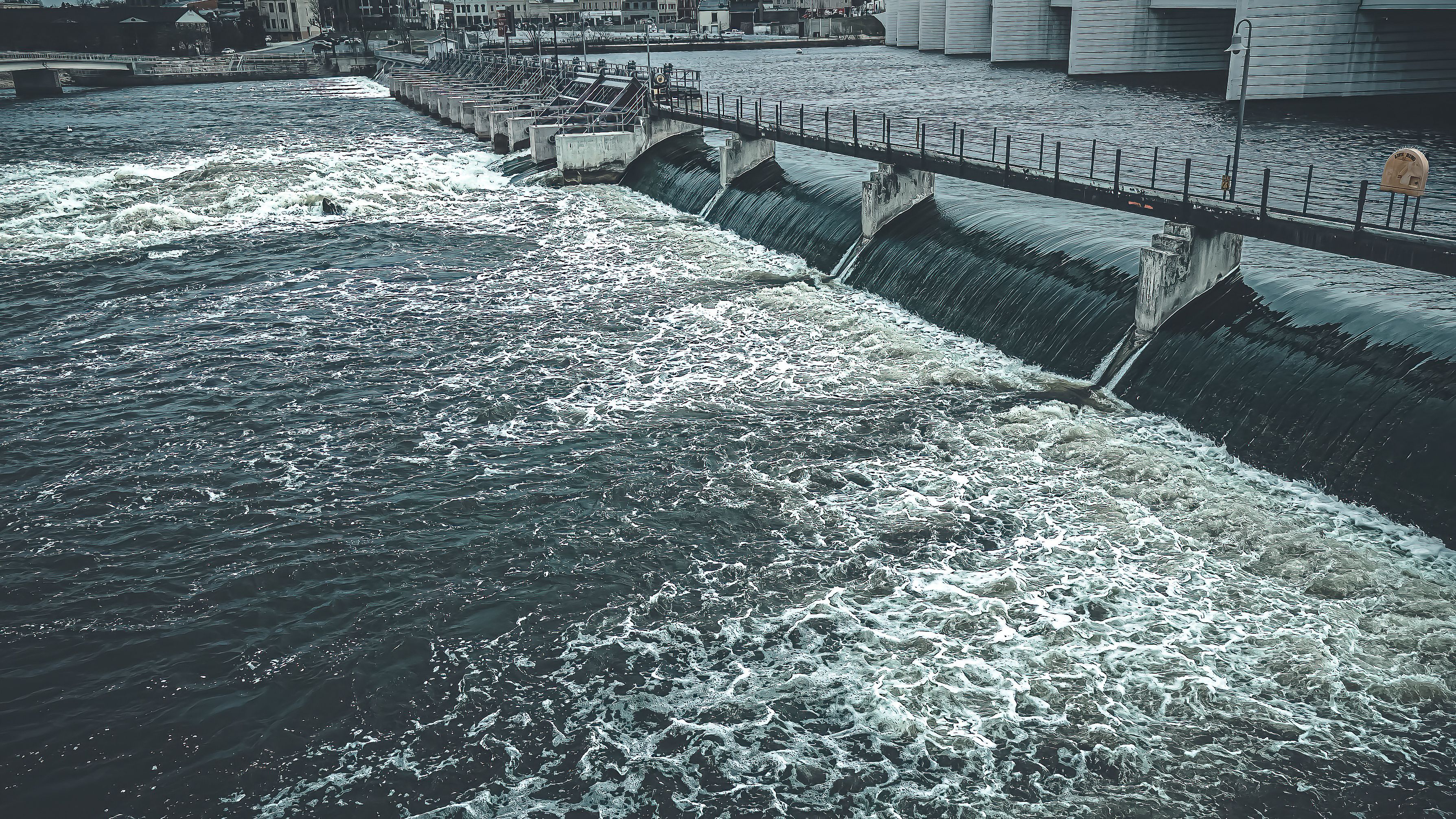 Aerial view of fox river in spring at dam