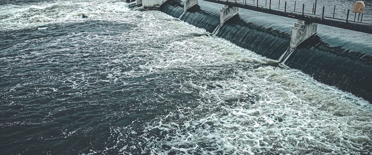 Aerial view of fox river in spring at dam