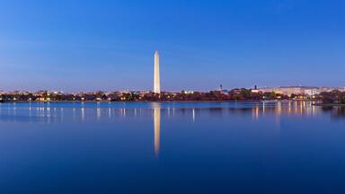 Jeffeerson Memorial and Washington Monument reflected on Tidal Basin in the evening, Washington DC, USA. Panoramic image