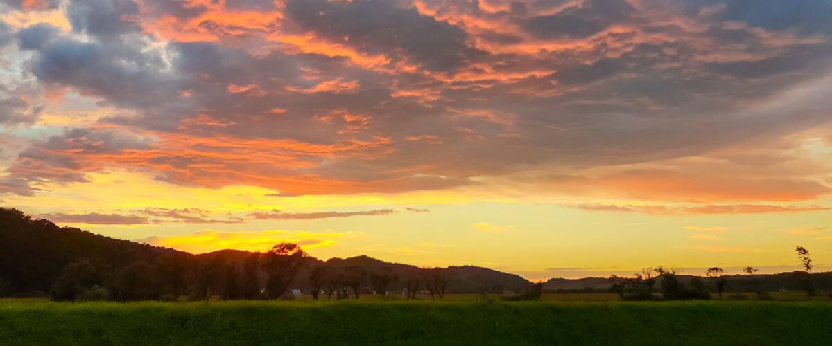 A sunset over a grassy field with trees and hills in the background.