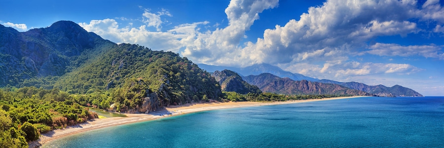 Summer mediterranean coastal landscape - view of the Cirali Olympos Beach, near the Turkish village of Cıralı, Antalya Province in Turkey