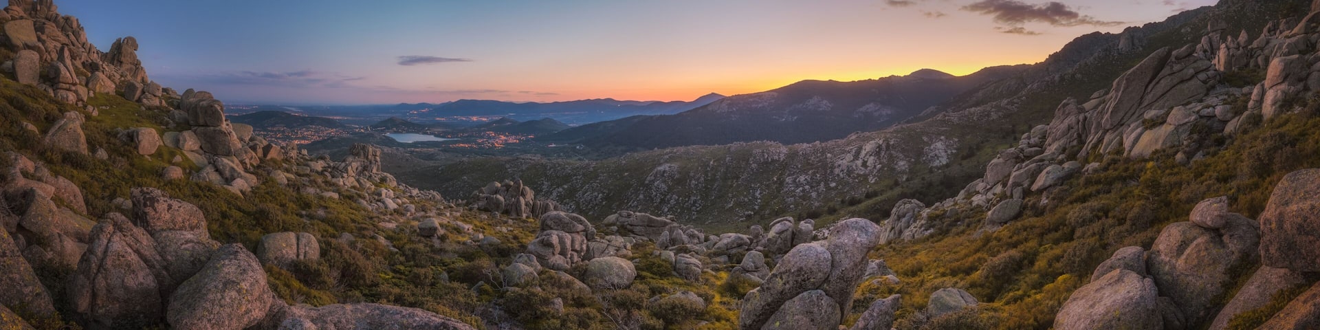 Panoramic Sunset view of La Pedriza, Madrid. Spain