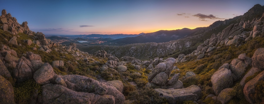 Panoramic Sunset view of La Pedriza, Madrid. Spain