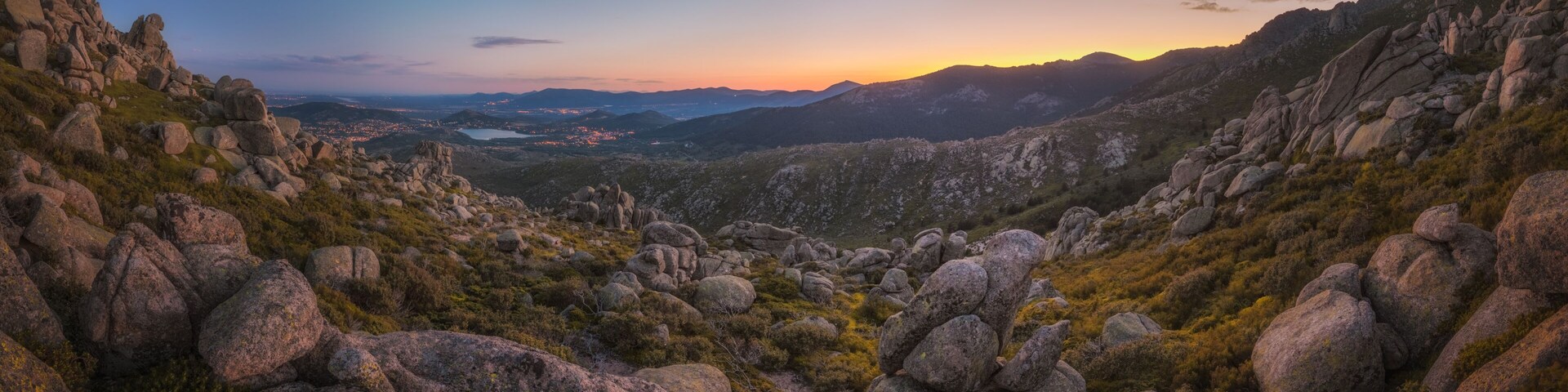 Panoramic Sunset view of La Pedriza, Madrid. Spain