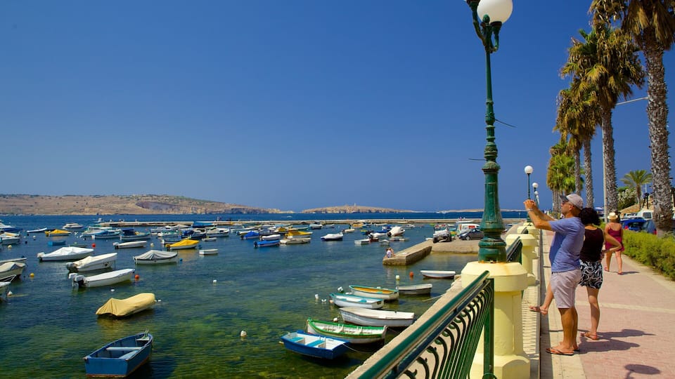 A harbor with numerous small boats, a clear blue sky, and a distant rocky coastline.