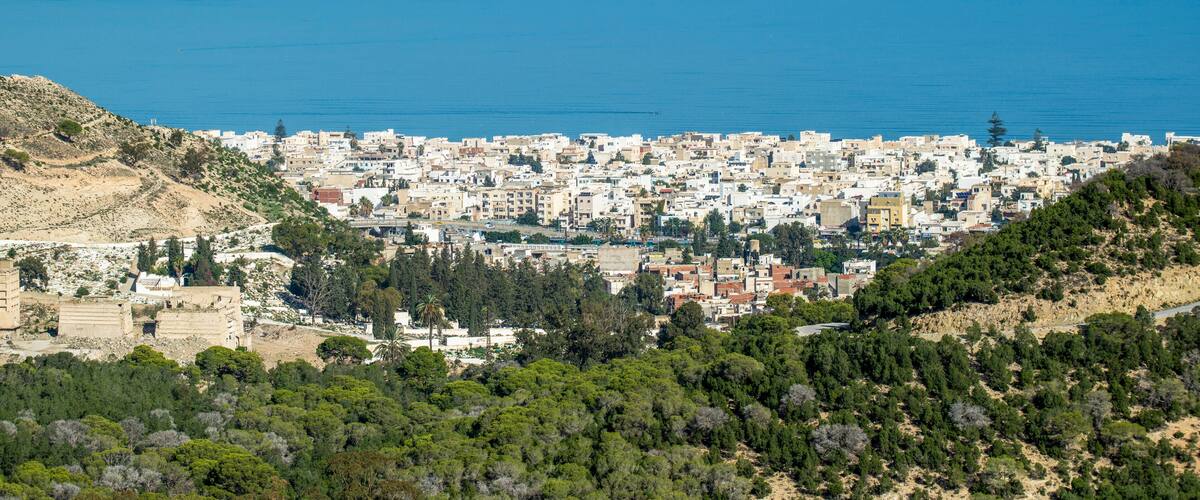 A coastal cityscape with dense urban buildings, a hilly terrain, and a clear blue sea.
