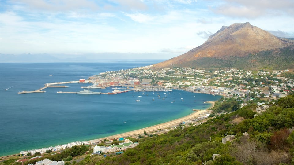 A coastal town with a mountain, marina, and beach.