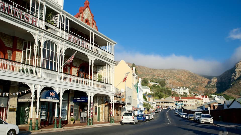 A street with British Hotel and Harbourside Hotel, cars parked along the road, and mountains in the background.