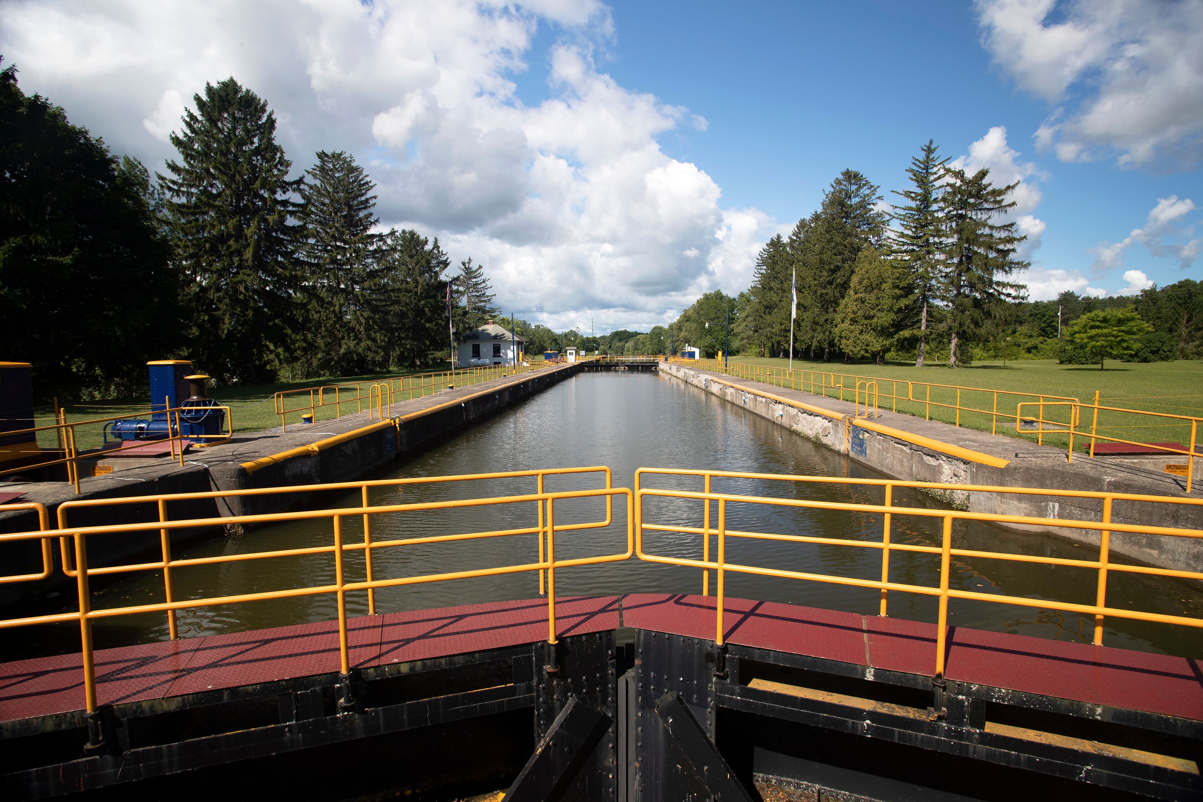 Erie Canal Palmra New York locks control room. East west man made transportation waterway 363 miles long built 1825. 34 locks to raise and lower boats and barges.