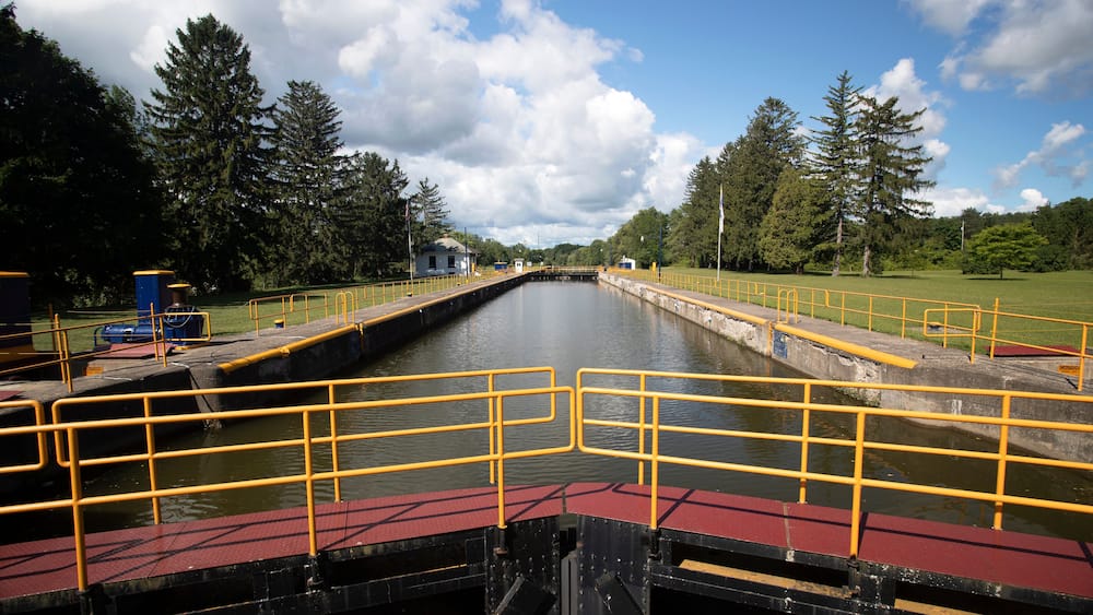 Erie Canal Palmra New York locks control room. East west man made transportation waterway 363 miles long built 1825. 34 locks to raise and lower boats and barges.